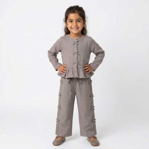 girls cotton co ord set UAE long sleeve bow trim outfit breathable cotton kids set