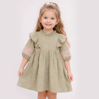 Ripples sage green embroidered girls cotton dress with puff sleeves UAE