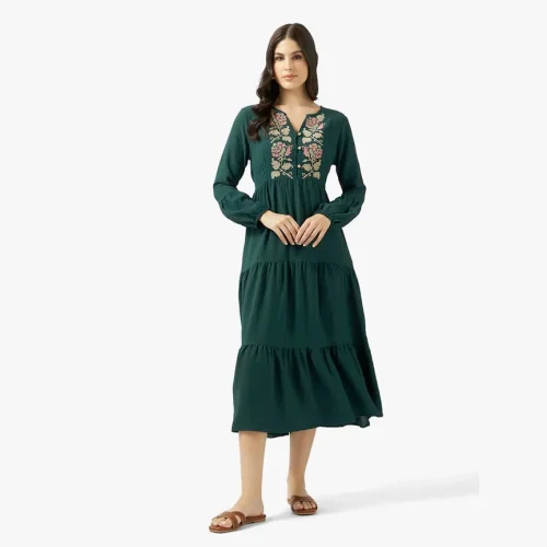 Ripples dark green embroidered midi dress