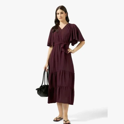 Ripples women's maroon tiered maxi dress
