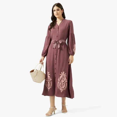 Wine embroidered midi dress for women