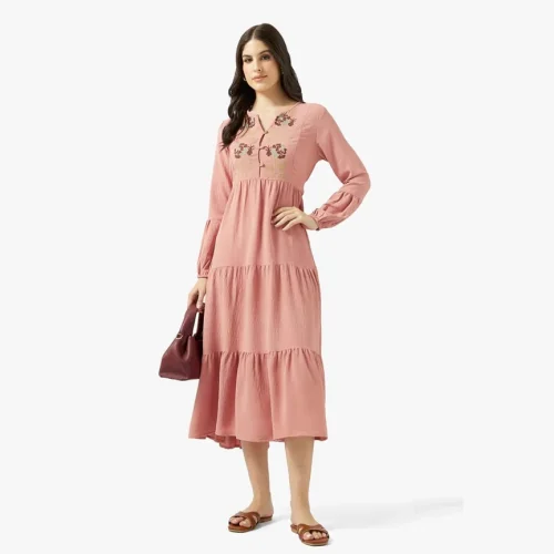 Ripples Women's Dusty Rose Tiered Midi Dress with floral embroidery
